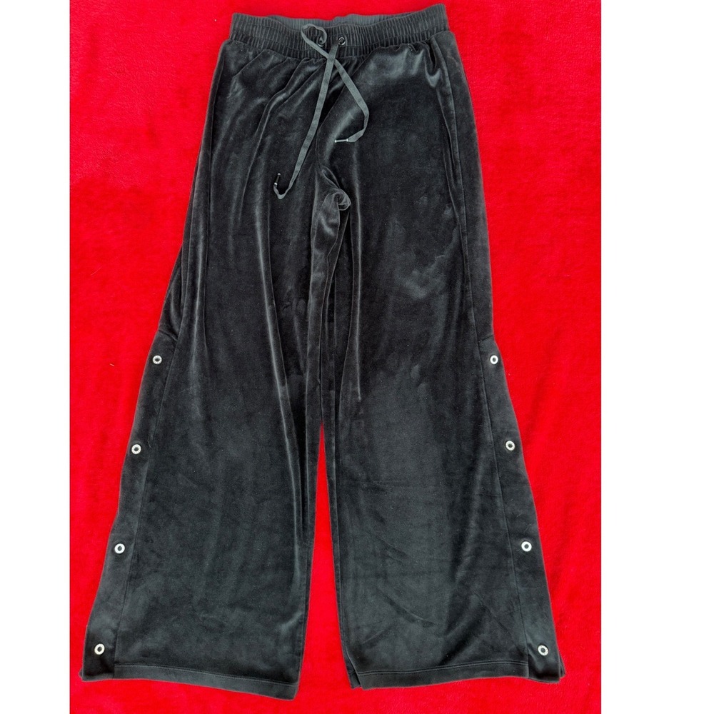 Victoria's Secret Velour Pants Women M Black Excellent Rhinestone Snap Wide Leg